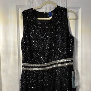 Mac Duggal Black Sequin Long Sleeve Evening Dress with Silver Accents